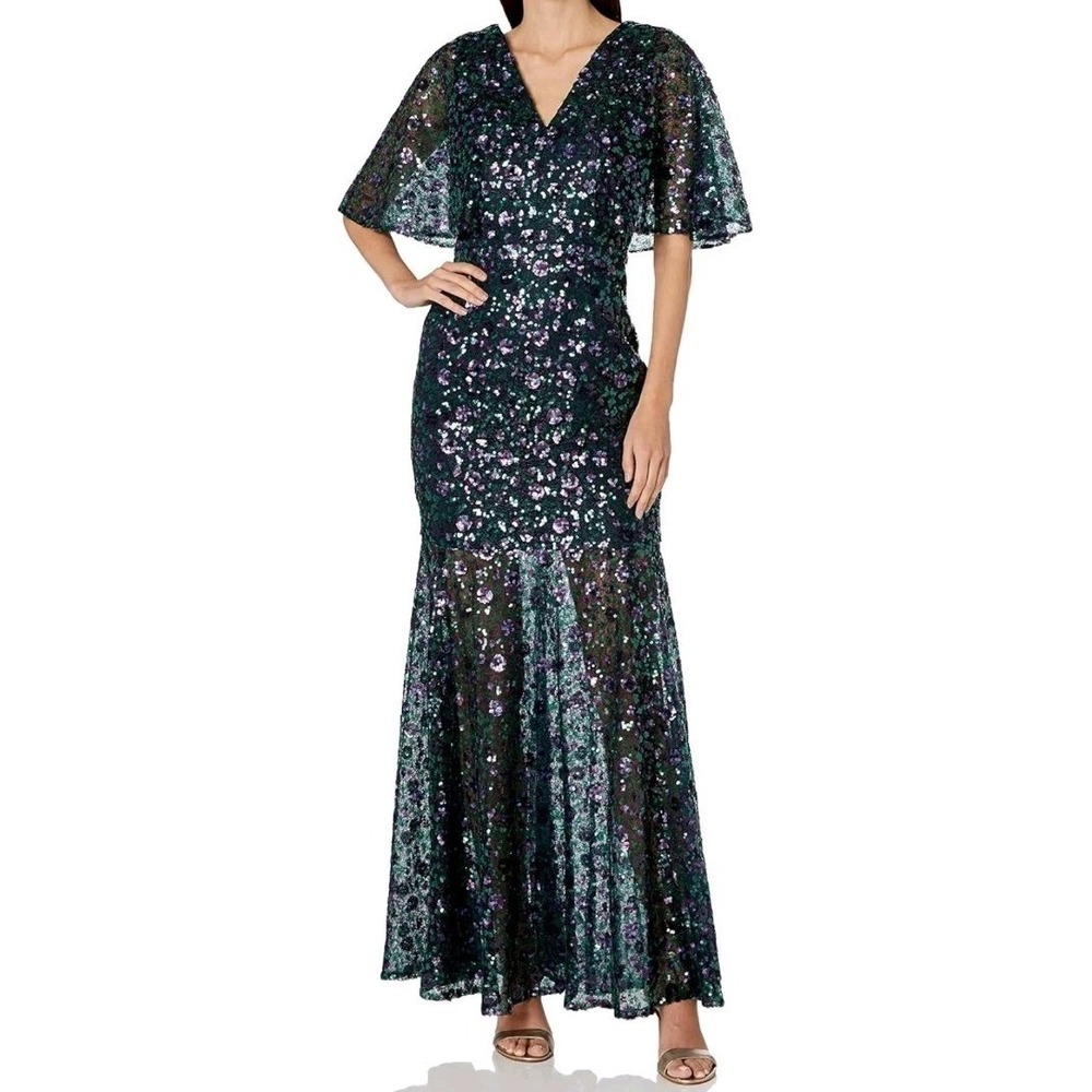 Dress The Population Navy Purple Floral Sequin Lourdes Flutter Sleeve Gown Sz S